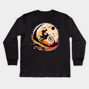 Dirt bike stunt w/moon orange Kids Long Sleeve T-Shirt